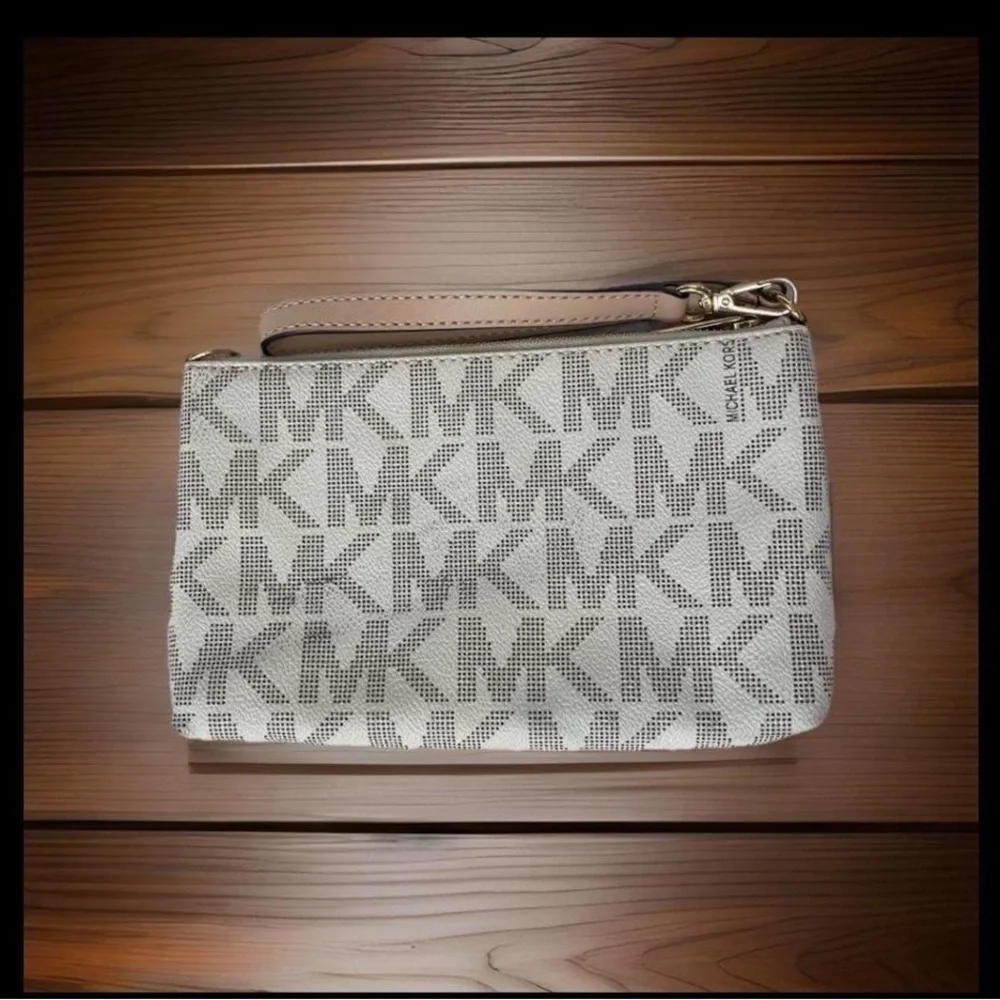 Michael Kors Beige Signature MK Wristlet Clutch with Gold Hardware